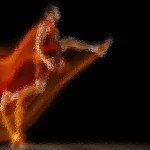 Ein stilisiertes Bild einer laufenden Person mit einem dynamischen Bewegungsunschärfeeffekt, der den Eindruck von Geschwindigkeit erweckt. Der Läufer trägt leuchtend rote Sportkleidung und der Hintergrund ist dunkel, was die leuchtend orangefarbenen und roten Spuren verstärkt, die eine schnelle Bewegung suggerieren. Diese Beschreibung wurde mit der FootballR KI automatisch generiert.