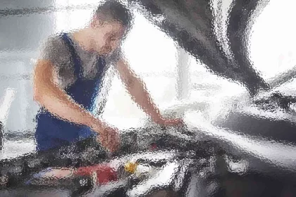 Ein Mechaniker im blauen Overall beugt sich über eine offene Motorhaube und arbeitet am Motor. Der Hintergrund ist unscharf und suggeriert eine Garagenumgebung mit natürlichem Licht, das durch die Fenster einfällt. Der Fokus liegt auf der aufmerksamen Haltung und den Händen des Mechanikers, wodurch die Konzentration auf das Fahrzeug betont wird. Diese Beschreibung wurde mit der FootballR KI automatisch generiert.