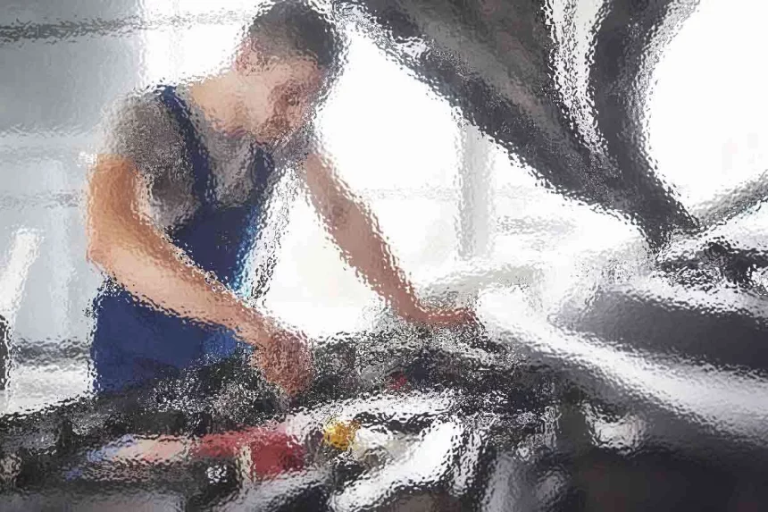 Ein Mechaniker im blauen Overall beugt sich über eine offene Motorhaube und arbeitet am Motor. Der Hintergrund ist unscharf und suggeriert eine Garagenumgebung mit natürlichem Licht, das durch die Fenster einfällt. Der Fokus liegt auf der aufmerksamen Haltung und den Händen des Mechanikers, wodurch die Konzentration auf das Fahrzeug betont wird. Diese Beschreibung wurde mit der FootballR KI automatisch generiert.