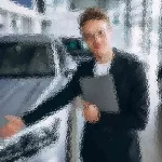 Eine Person im Anzug deutet mit offener Handfläche auf ein Auto und steht in einem hellen, modernen Ausstellungsraum. In der anderen Hand hält sie ein Tablet. Das Bild ist absichtlich unscharf, sodass feinere Details des Autos und der Umgebung nicht zu erkennen sind. Diese Beschreibung wurde mit der FootballR KI automatisch generiert.