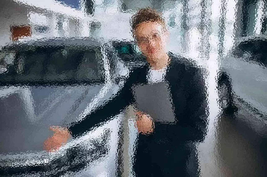 Eine Person im Anzug deutet mit offener Handfläche auf ein Auto und steht in einem hellen, modernen Ausstellungsraum. In der anderen Hand hält sie ein Tablet. Das Bild ist absichtlich unscharf, sodass feinere Details des Autos und der Umgebung nicht zu erkennen sind. Diese Beschreibung wurde mit der FootballR KI automatisch generiert.