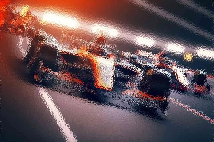 Unscharfes, dynamisches Bild einer Rennszene, das mehrere Autos zeigt, die auf einer schwach beleuchteten Strecke rasen. Die roten und weißen Lichter erzeugen ein Gefühl von Bewegung und Intensität. Der Hintergrund ist dunkel, was das Leuchten der Fahrzeuglichter verstärkt und die rasante Action betont. Diese Beschreibung wurde mit der FootballR KI automatisch generiert.