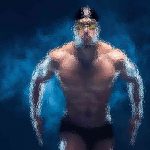 Ein Schwimmer mit Schwimmbrille, Badekappe und Badehose wird unter Wasser aufgenommen. Das Bild ist mit einem verschwommenen, künstlerischen Effekt stilisiert, der den muskulösen Körperbau und die dynamische Bewegung vor einem tiefblauen Hintergrund betont. Blasen und Lichtreflexionen verstärken die Unterwasseratmosphäre. Diese Beschreibung wurde mit der FootballR KI automatisch generiert.