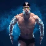 Ein Schwimmer mit Schwimmbrille, Badekappe und Badehose wird unter Wasser aufgenommen. Das Bild ist mit einem verschwommenen, künstlerischen Effekt stilisiert, der den muskulösen Körperbau und die dynamische Bewegung vor einem tiefblauen Hintergrund betont. Blasen und Lichtreflexionen verstärken die Unterwasseratmosphäre. Diese Beschreibung wurde mit der FootballR KI automatisch generiert.