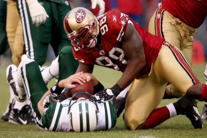 Dec. 7, 2008 - San Francisco 49ers Parys Haralson sacks New York Jets quarterback Brett Favre during