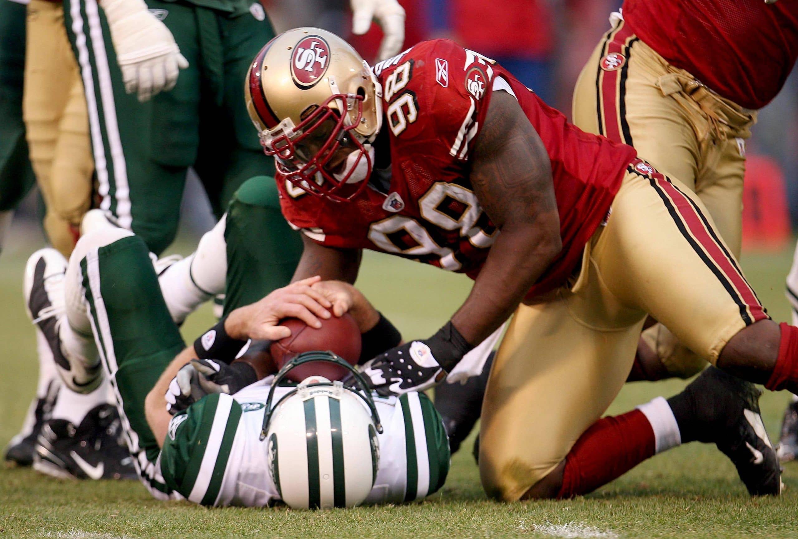 Dec. 7, 2008 - San Francisco 49ers Parys Haralson sacks New York Jets quarterback Brett Favre during