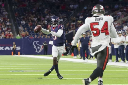 HOUSTON, TX - AUGUST 28: Houston Texans quarterback Tyrod Taylor (5) prepares to throw for a pass during the preseason f