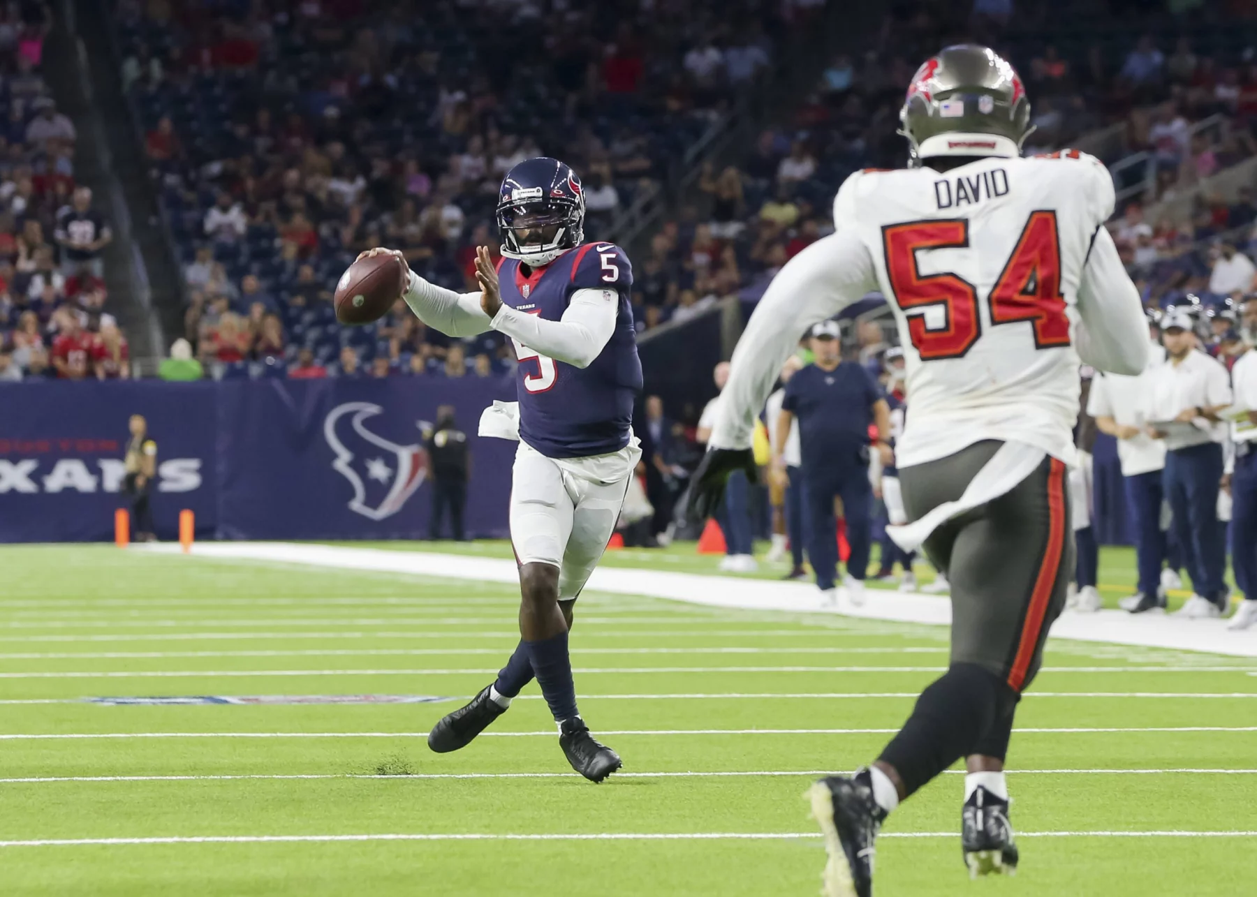 HOUSTON, TX - AUGUST 28: Houston Texans quarterback Tyrod Taylor (5) prepares to throw for a pass during the preseason f