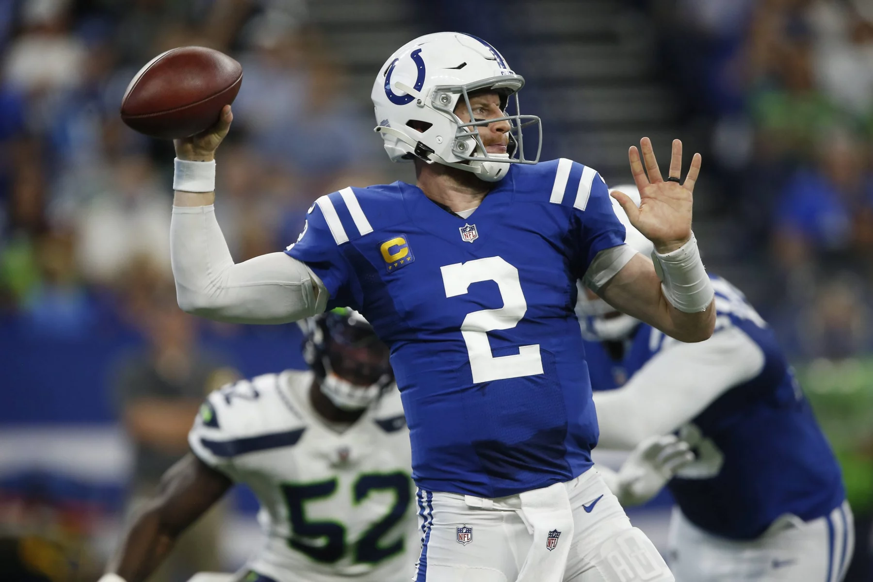 INDIANAPOLIS, IN - SEPTEMBER 12: Indianapolis Colts Quarterback Carson Wentz (2) looks down field to make a pass during