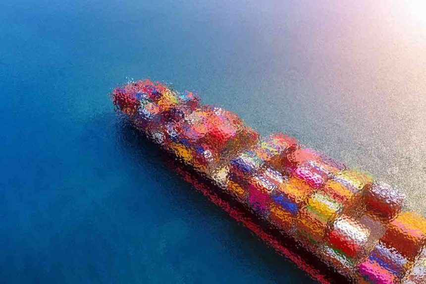 Luftaufnahme eines Frachtschiffs, das durch tiefblaues Wasser segelt. Das Schiff ist mit bunten Frachtcontainern beladen, die ein lebendiges Muster bilden. Das Wasser reflektiert das Sonnenlicht und erzeugt in der oberen rechten Ecke einen helleren Blauton, der einen sonnigen Tag suggeriert. Diese Beschreibung wurde mit der FootballR KI automatisch generiert.