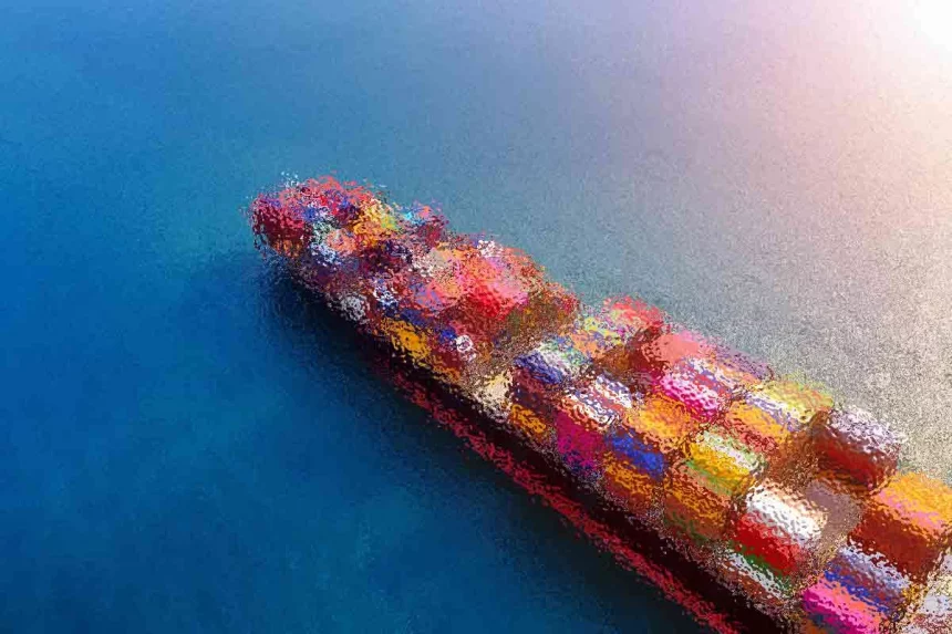 Luftaufnahme eines Frachtschiffs, das durch tiefblaues Wasser segelt. Das Schiff ist mit bunten Frachtcontainern beladen, die ein lebendiges Muster bilden. Das Wasser reflektiert das Sonnenlicht und erzeugt in der oberen rechten Ecke einen helleren Blauton, der einen sonnigen Tag suggeriert. Diese Beschreibung wurde mit der FootballR KI automatisch generiert.