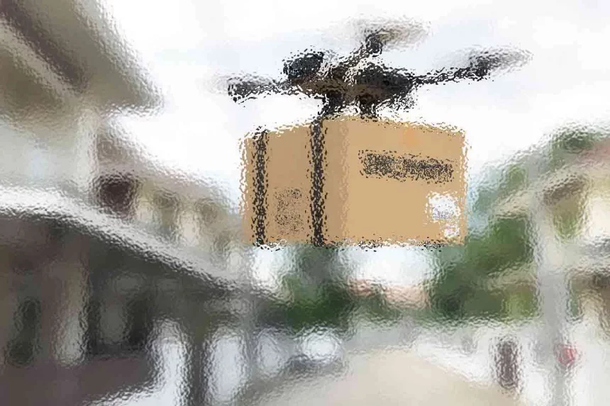 Eine Drohne mit einem Kartonpaket fliegt über eine verschwommene Vorstadtstraße. Das Paket ist braun und die Drohne hat mehrere Propeller. Im Hintergrund sind Häuser und Grünflächen mit einem Unschärfeeffekt zu sehen, der auf Bewegung oder einen Kamerafilter hindeutet. Diese Beschreibung wurde mit der FootballR KI automatisch generiert.