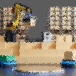 Ein Roboterarm stellt einen Karton in ein Lagerhaus voller gestapelter Kartons. Zwei kleine autonome Fahrzeuge, ein blaues und ein grünes, sind unter dem Arm positioniert und bereit für den Transport. Die Szene zeigt Automatisierung in einer industriellen Umgebung mit zahlreichen Regalen im Hintergrund. Diese Beschreibung wurde mit der FootballR KI automatisch generiert.