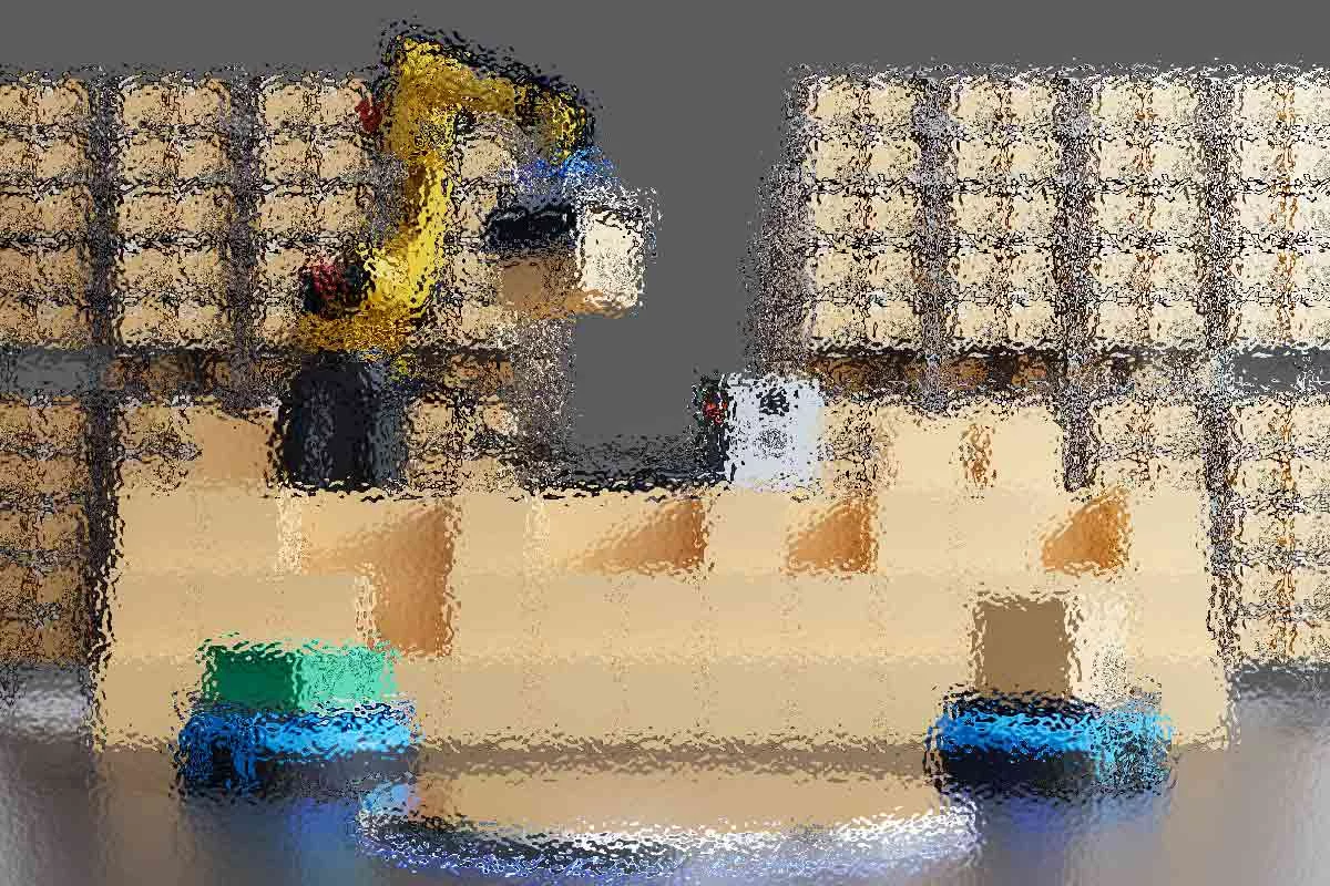 Ein Roboterarm stellt einen Karton in ein Lagerhaus voller gestapelter Kartons. Zwei kleine autonome Fahrzeuge, ein blaues und ein grünes, sind unter dem Arm positioniert und bereit für den Transport. Die Szene zeigt Automatisierung in einer industriellen Umgebung mit zahlreichen Regalen im Hintergrund. Diese Beschreibung wurde mit der FootballR KI automatisch generiert.