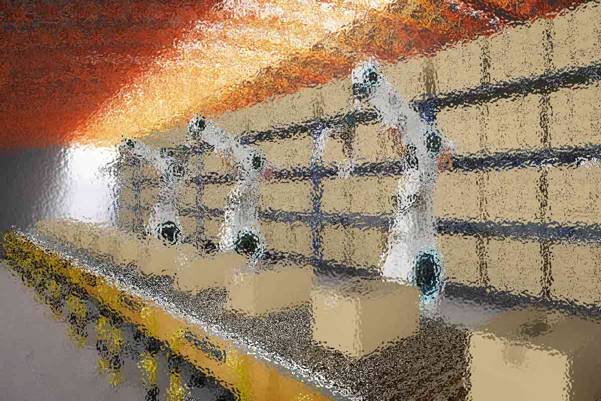 Ein digital bearbeitetes Bild zeigt Roboterarme in einer Reihe, die Kisten auf Regalen in einem Lagerhaus mit leuchtend orangefarbener Decke stapeln. Die Atmosphäre wirkt futuristisch und hebt Automatisierung und Technologie in der Logistik hervor. Diese Beschreibung wurde mit der FootballR KI automatisch generiert.