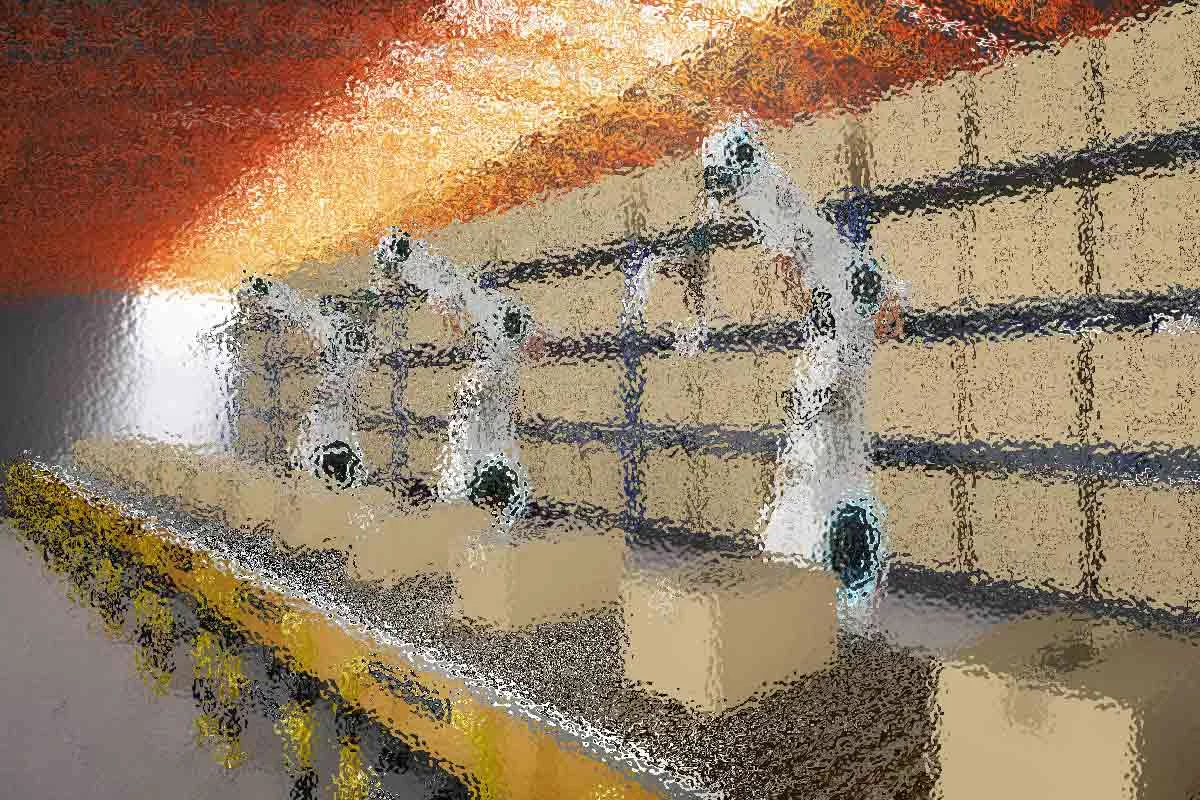 Ein digital bearbeitetes Bild zeigt Roboterarme in einer Reihe, die Kisten auf Regalen in einem Lagerhaus mit leuchtend orangefarbener Decke stapeln. Die Atmosphäre wirkt futuristisch und hebt Automatisierung und Technologie in der Logistik hervor. Diese Beschreibung wurde mit der FootballR KI automatisch generiert.