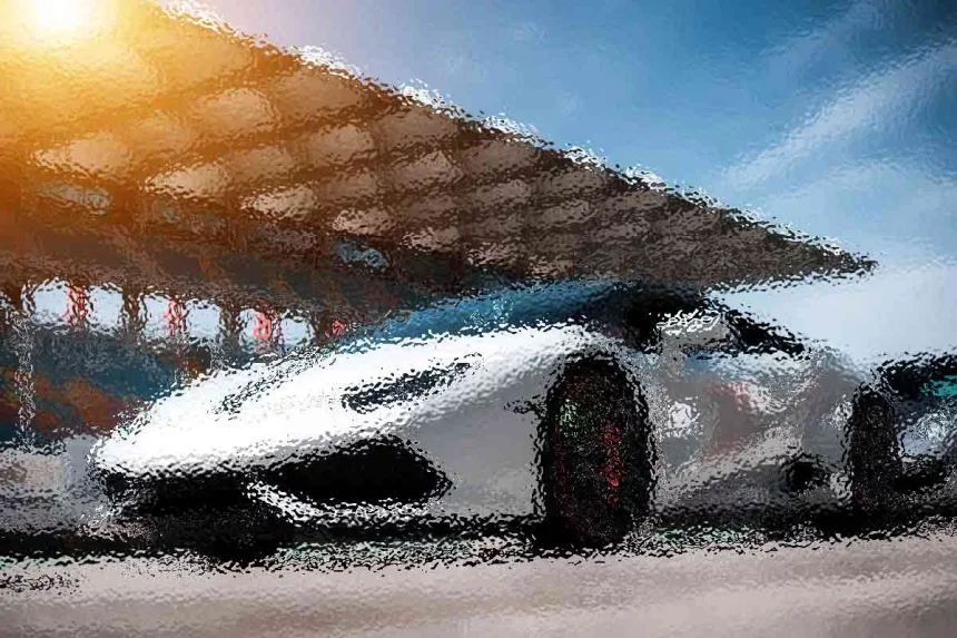 Künstlerische Darstellung eines eleganten weißen Sportwagens auf einer Rennstrecke mit verschwommenen Bewegungen. Der Hintergrund zeigt eine große Tribüne unter blauem Himmel, wobei das Sonnenlicht einen warmen Schein erzeugt. Das Bild hat einen strukturierten, impressionistischen Effekt, der das Gefühl von Geschwindigkeit und Energie verstärkt. Diese Beschreibung wurde mit der FootballR KI automatisch generiert.