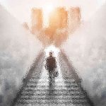 Ein verschwommenes Bild, das eine einsame Person zeigt, die Stufen hinauf auf ein helles Licht zugeht. Die Szene ist abstrakt, mit weichem Fokus und diffusen Farben. Im Hintergrund sind undeutliche Silhouetten von Stadtgebäuden zu sehen, die in warmes Sonnenlicht getaucht sind. Diese Beschreibung wurde mit der FootballR KI automatisch generiert.