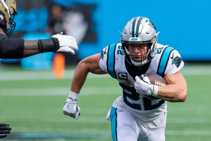 September 19, 2021: Carolina Panthers running back Christian McCaffrey (22) runs on first down against the New Orleans S