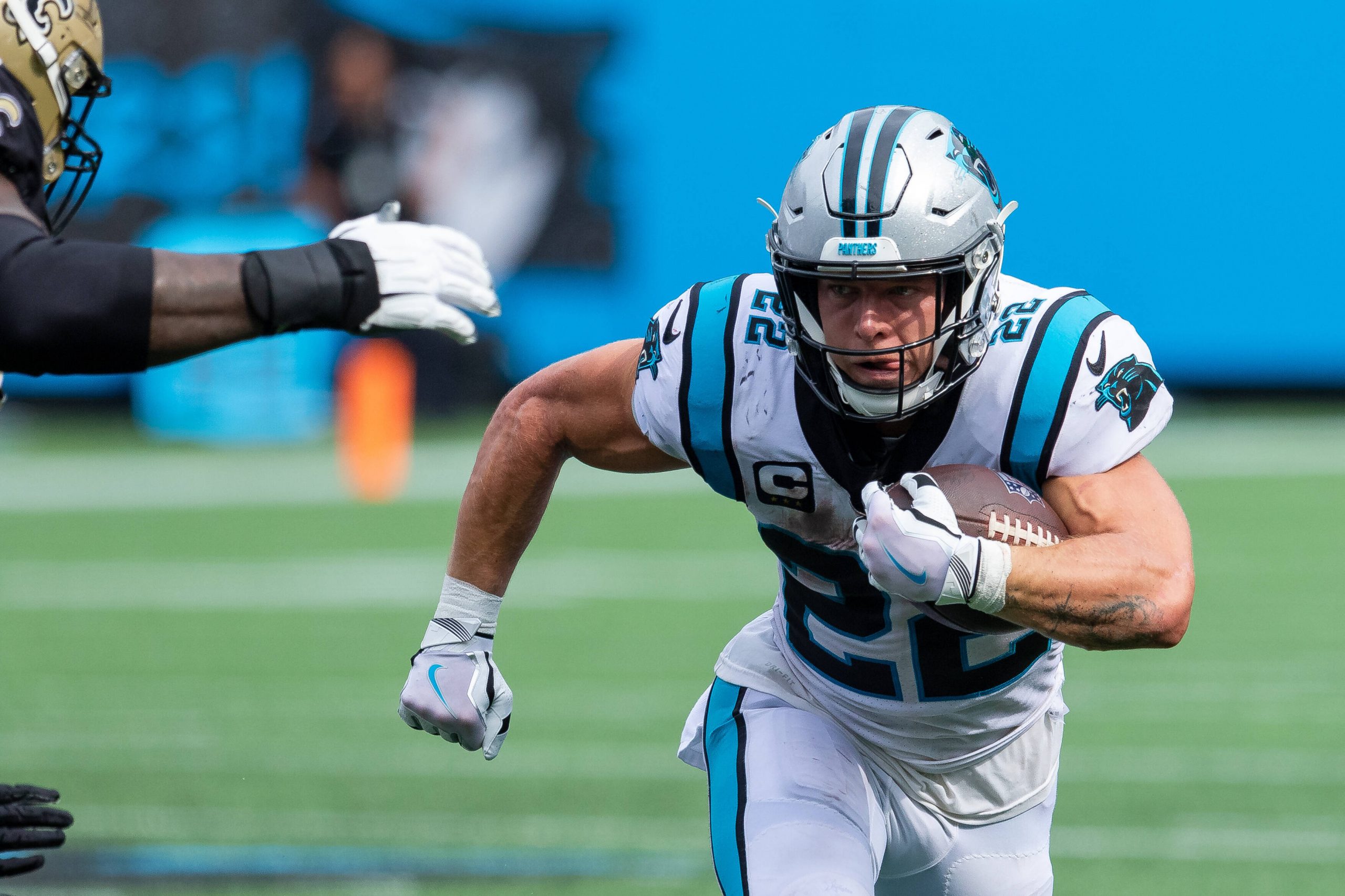 September 19, 2021: Carolina Panthers running back Christian McCaffrey (22) runs on first down against the New Orleans S