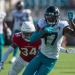 September 26, 2021, Syracuse, New York, USA: Jacksonville Jaguars wide receiver D.J. CHARK (17) tries to juke past Arizo