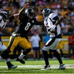 PITTSBURGH, PA - OCTOBER 10: Pittsburgh Steelers linebacker Melvin Ingram (8) rushes Denver Broncos quarterback Teddy Br