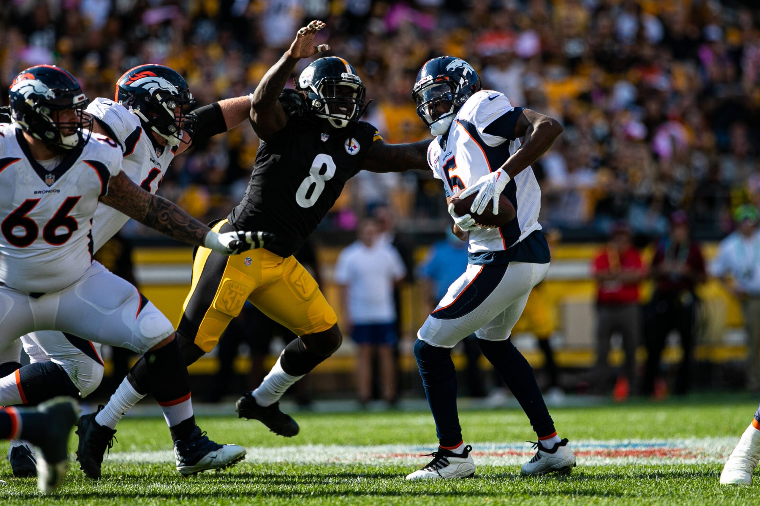 PITTSBURGH, PA - OCTOBER 10: Pittsburgh Steelers linebacker Melvin Ingram (8) rushes Denver Broncos quarterback Teddy Br