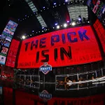 ARLINGTON TX APRIL 27 The New England Patriot Logo on the video board during the second round of