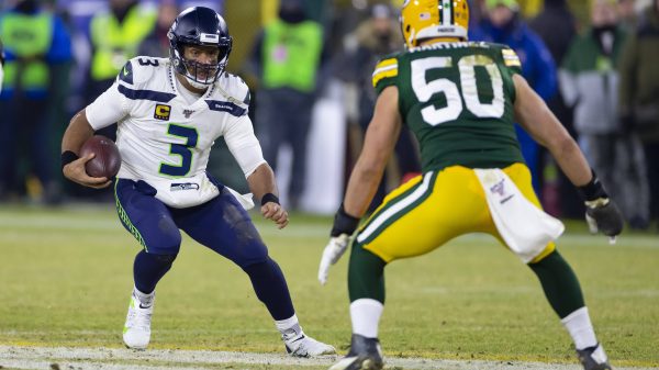 January 12, 2020: Seattle Seahawks quarterback Russell Wilson 3 looks to get around Green Bay Packer