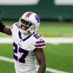 Buffalo Bills cornerback Tre Davious White 27 celebrates a sack in the fourth quarter against the New York Jets in week 7 of the NFL, American Football Herren, USA season at MetLife Stadium in East Rutherford, New Jersey on Sunday, October 25, 2020. PUBLICATIONxINxGERxSUIxAUTxHUNxONLY NYP20201025230 COREYxSIPKIN