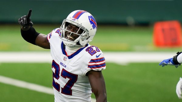 Buffalo Bills cornerback Tre Davious White 27 celebrates a sack in the fourth quarter against the New York Jets in week 7 of the NFL, American Football Herren, USA season at MetLife Stadium in East Rutherford, New Jersey on Sunday, October 25, 2020. PUBLICATIONxINxGERxSUIxAUTxHUNxONLY NYP20201025230 COREYxSIPKIN