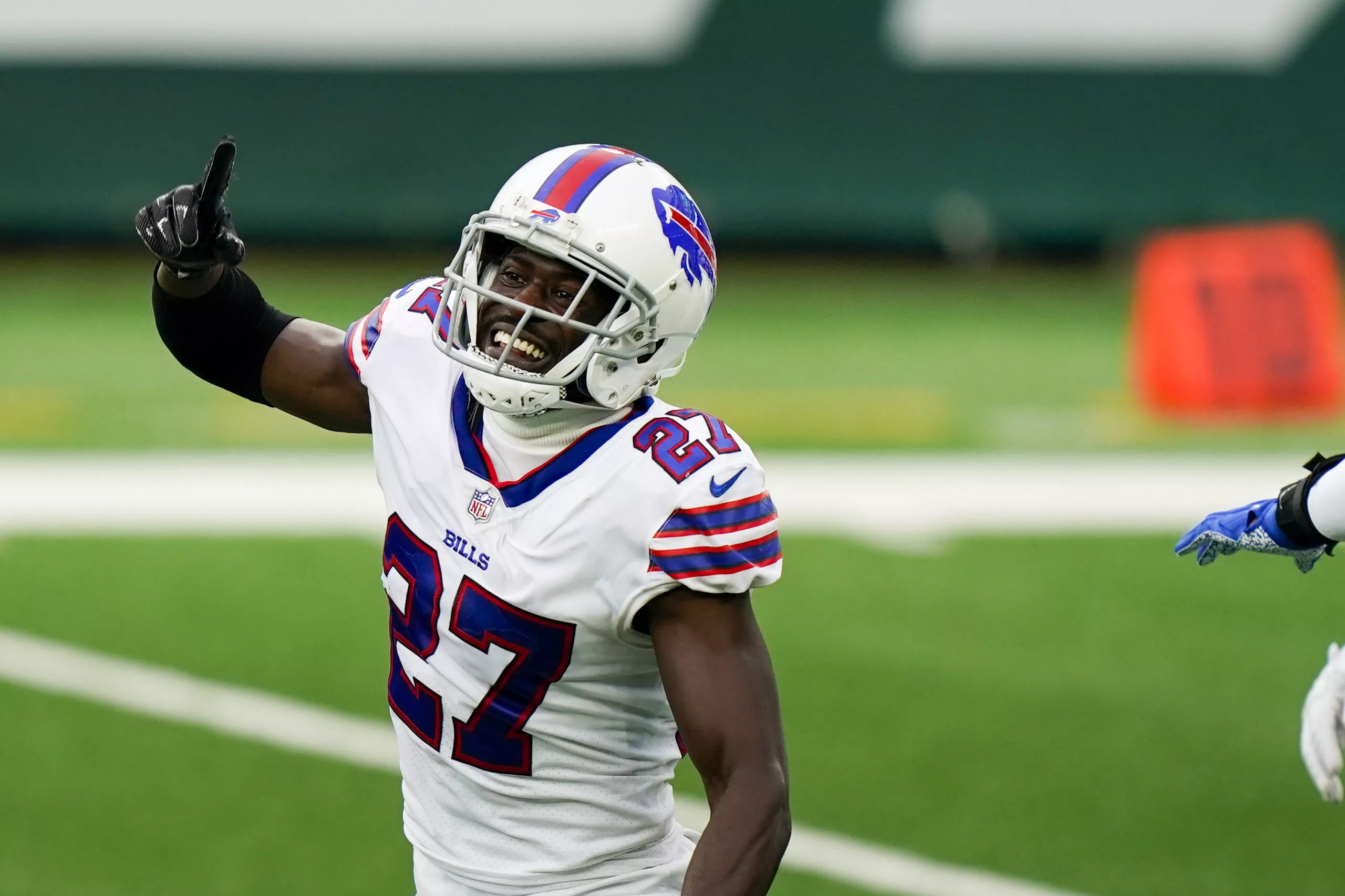 Buffalo Bills cornerback Tre Davious White 27 celebrates a sack in the fourth quarter against the New York Jets in week 7 of the NFL, American Football Herren, USA season at MetLife Stadium in East Rutherford, New Jersey on Sunday, October 25, 2020. PUBLICATIONxINxGERxSUIxAUTxHUNxONLY NYP20201025230 COREYxSIPKIN