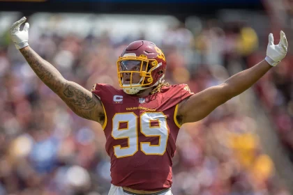 September 12, 2021: Washington Football Team defensive end Chase Young (99) urges the home crowd to make noise before th