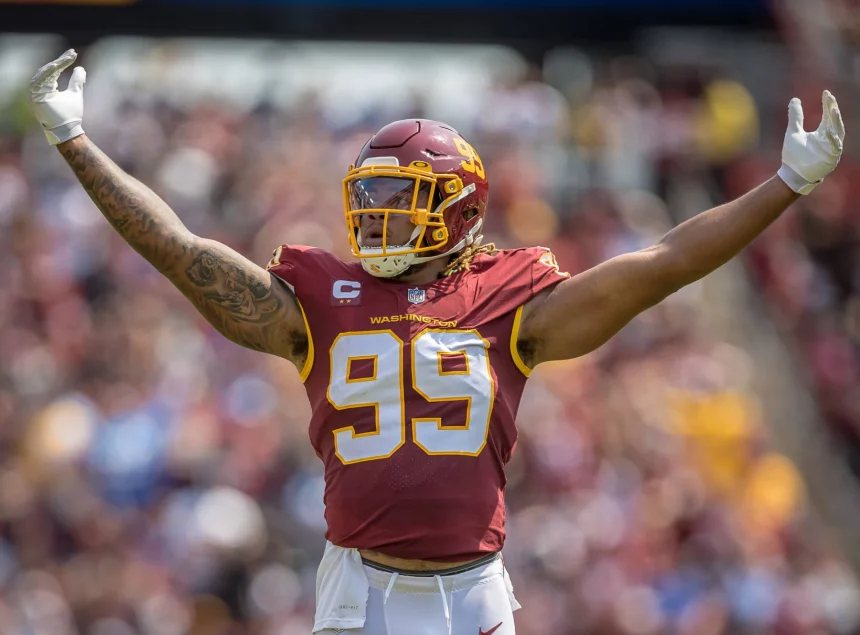 September 12, 2021: Washington Football Team defensive end Chase Young (99) urges the home crowd to make noise before th