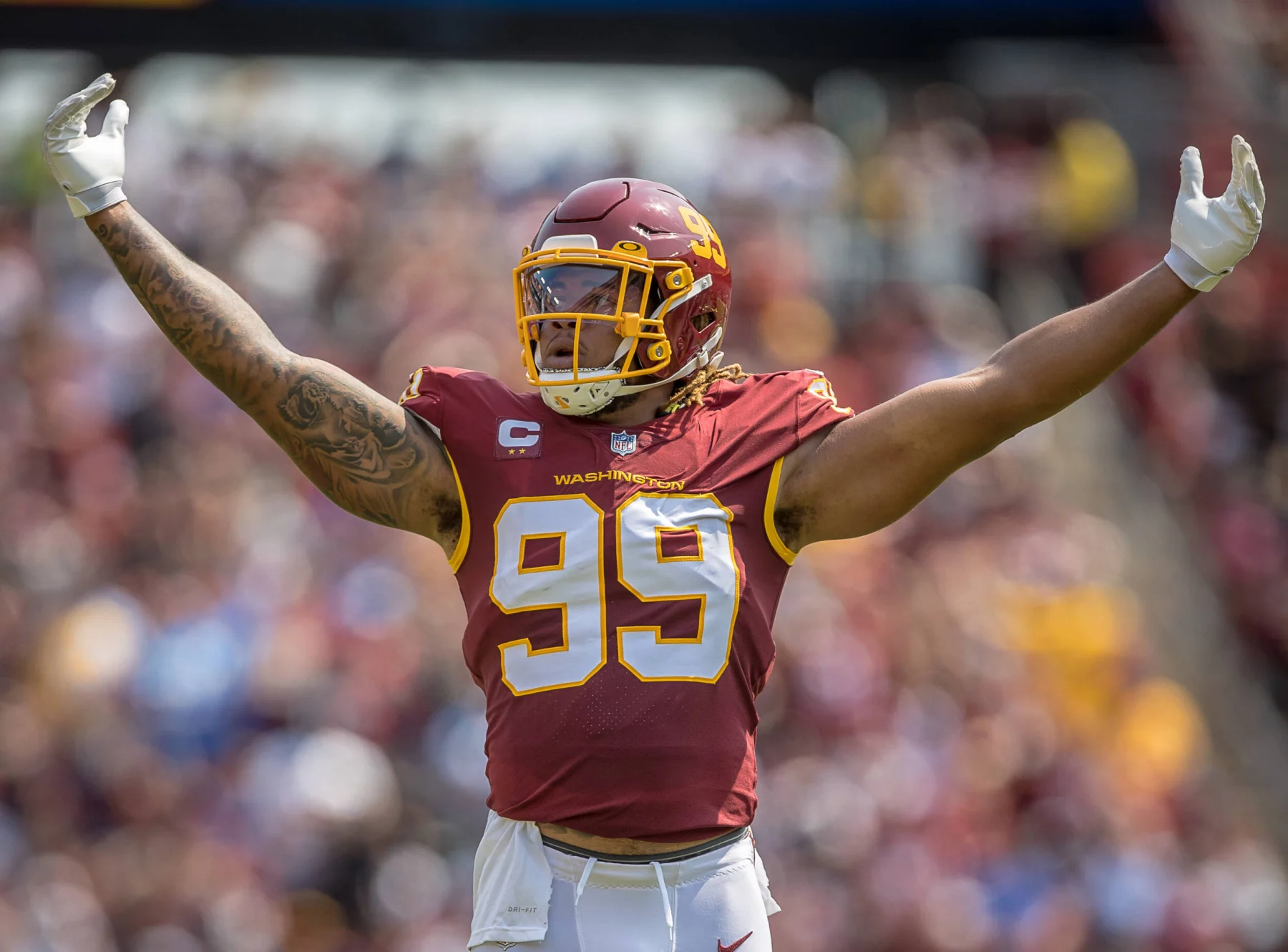 September 12, 2021: Washington Football Team defensive end Chase Young (99) urges the home crowd to make noise before th