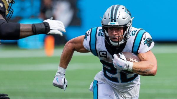 September 19, 2021: Carolina Panthers running back Christian McCaffrey (22) runs on first down against the New Orleans S