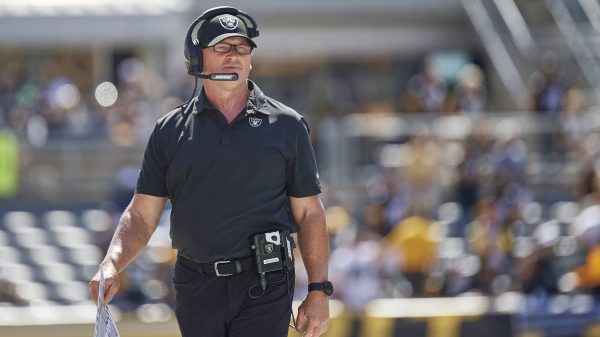 PITTSBURGH, PA - SEPTEMBER 19: Las Vegas Raiders head coach Jon Gruden looks to the field during the game on September