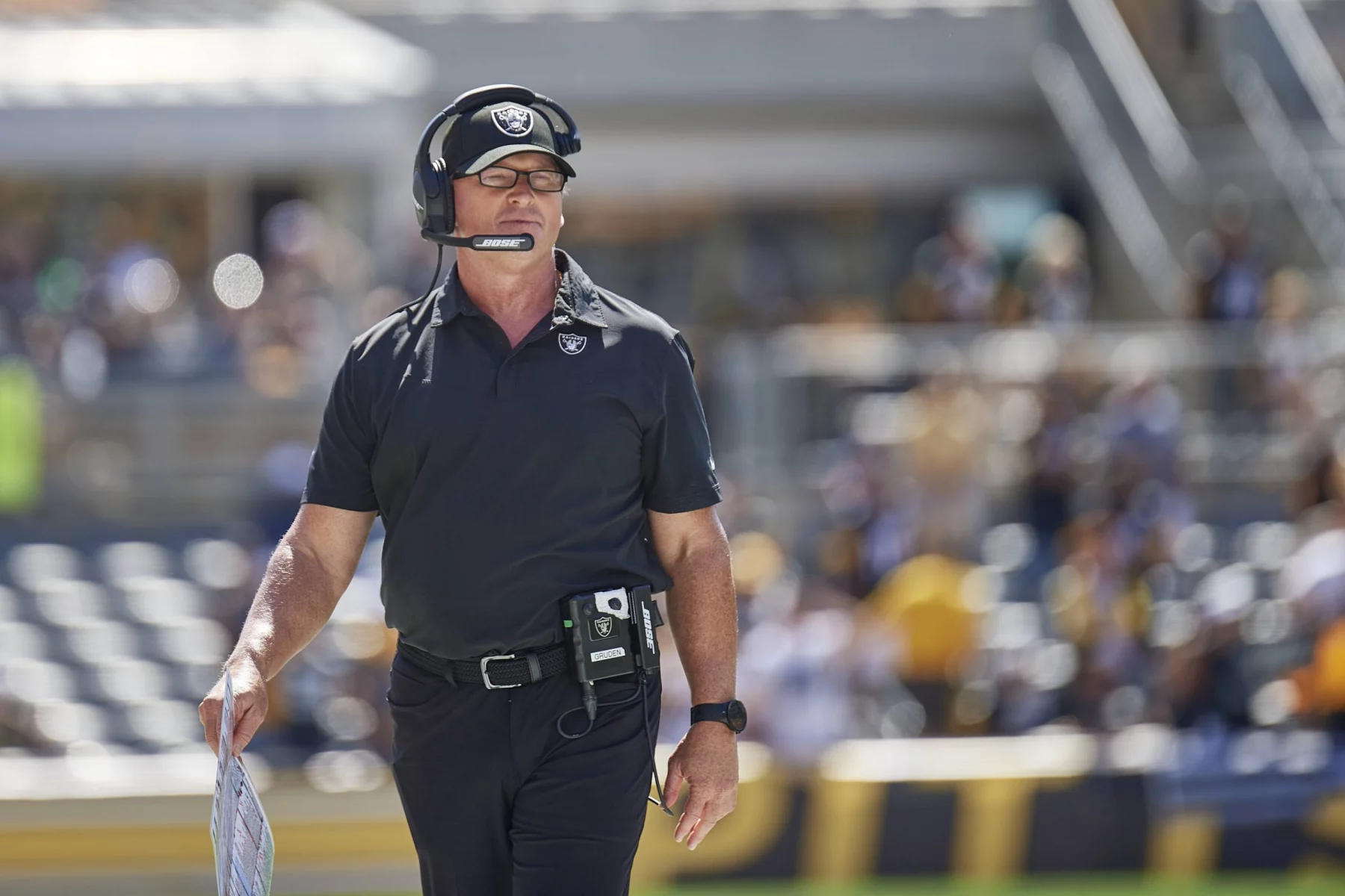 PITTSBURGH, PA - SEPTEMBER 19: Las Vegas Raiders head coach Jon Gruden looks to the field during the game on September
