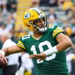October 03, 2021: Green Bay Packers quarterback Jordan Love (10) warming up pregame during the NFL, American Football He