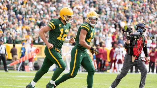 October 24, 2021: Green Bay Packers quarterback Aaron Rodgers 12 and Green Bay Packers wide receiver Allen Lazard 13 cel