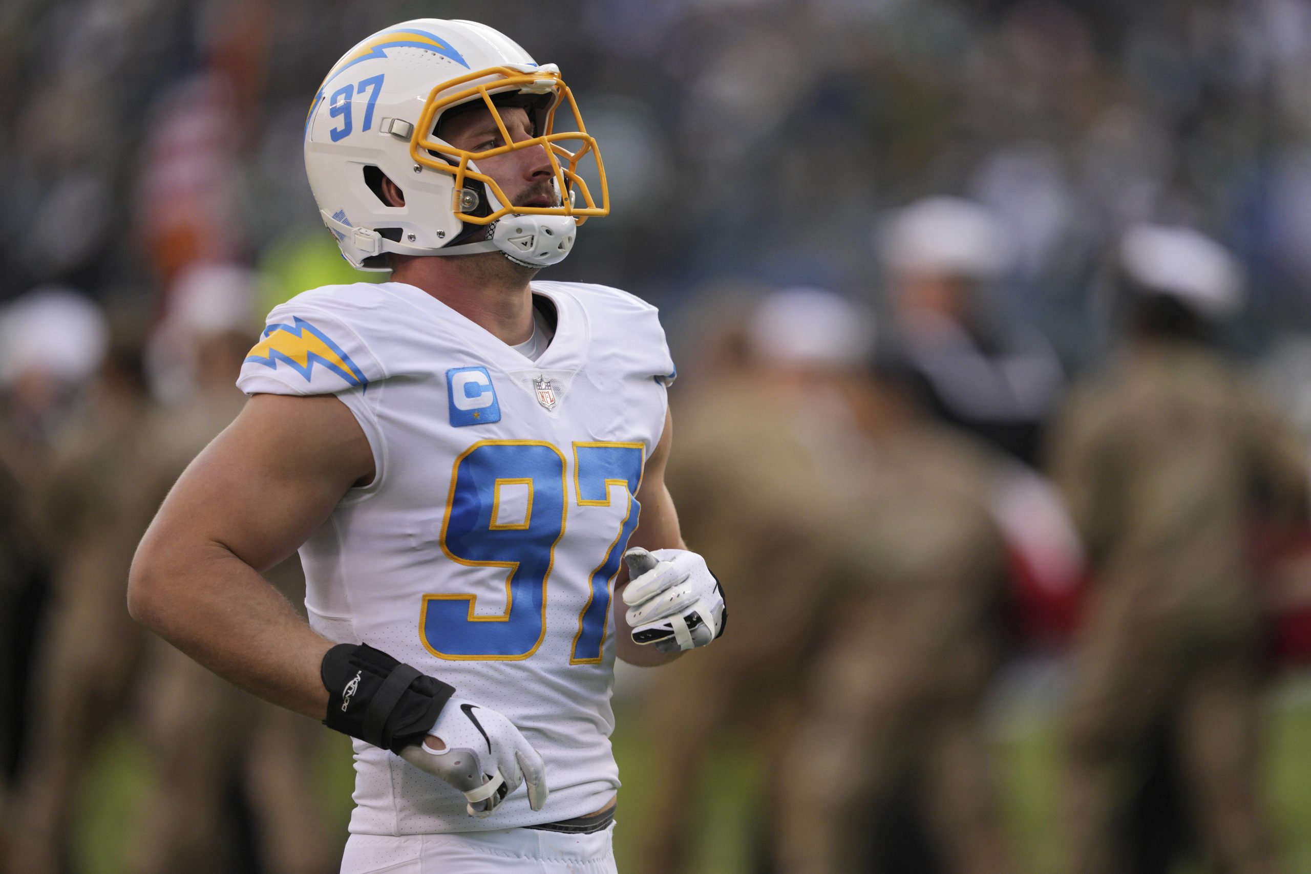 PHILADELPHIA, PA - NOVEMBER 07: Los Angeles Chargers defensive end Joey Bosa (97) looks on during the game between the L
