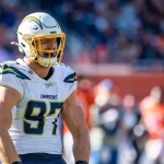 CHICAGO, IL - OCTOBER 27: Los Angeles Chargers Defensive End Joey Bosa (97) celebrates after the Chargers recover a Chic