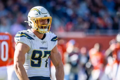 CHICAGO, IL - OCTOBER 27: Los Angeles Chargers Defensive End Joey Bosa (97) celebrates after the Chargers recover a Chic