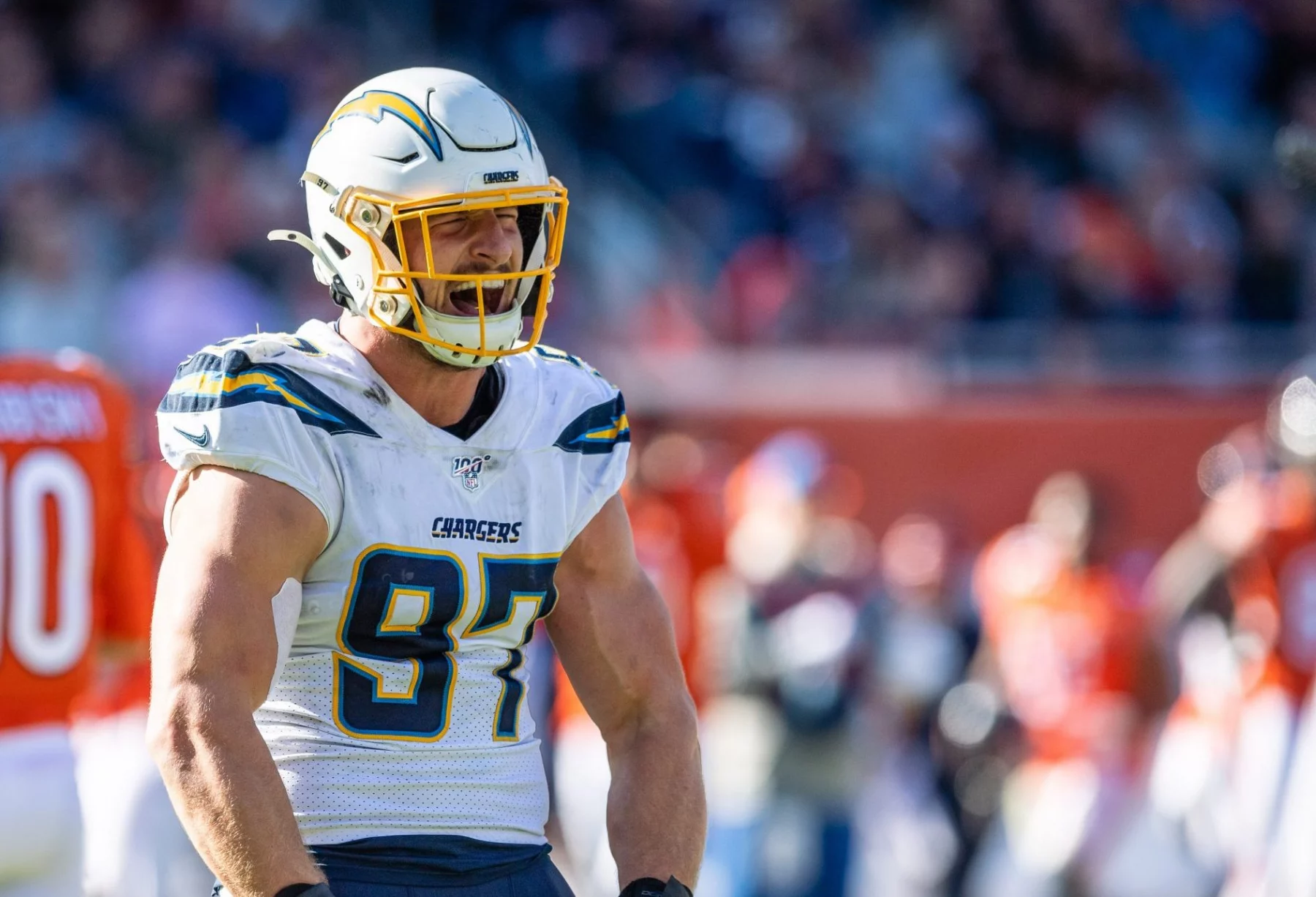 CHICAGO, IL - OCTOBER 27: Los Angeles Chargers Defensive End Joey Bosa (97) celebrates after the Chargers recover a Chic