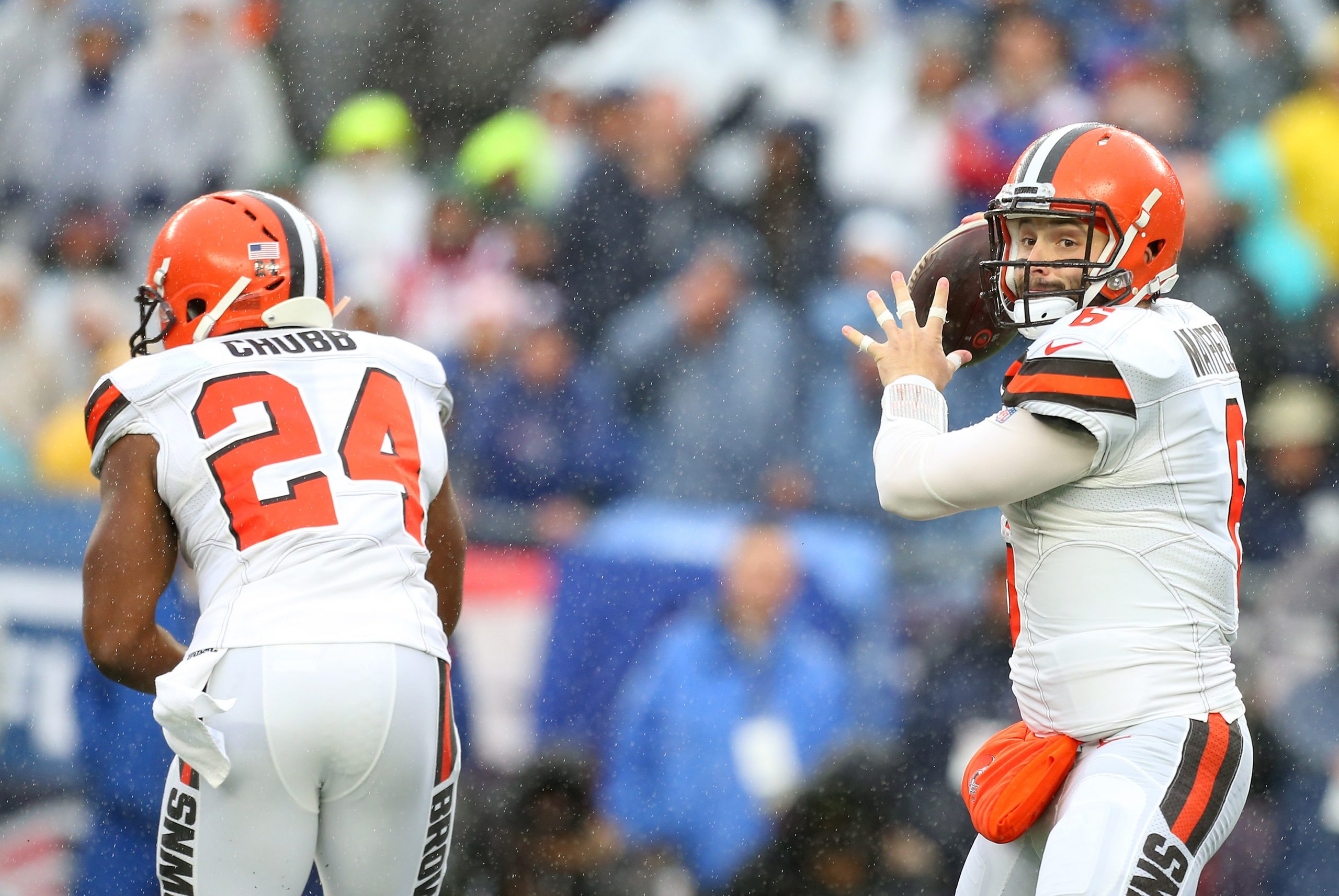 October 27, 2019; Foxborough, MA, USA; Cleveland Browns quarterback Baker Mayfield (6) fakes the han