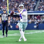 December 29th, 2019:.Dallas Cowboys quarterback Dak Prescott (4) scrambles outside to avoid pressure