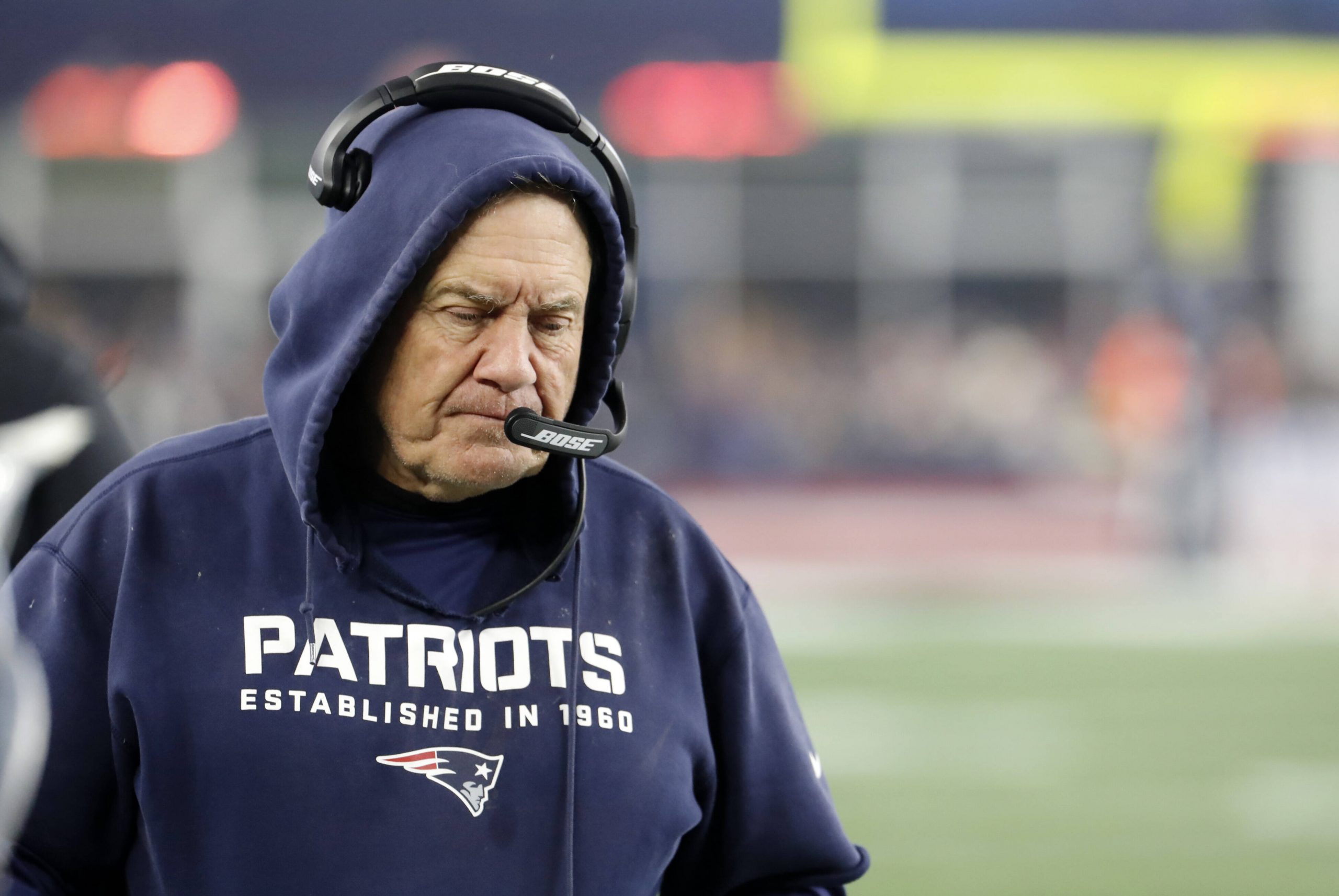 FOXBOROUGH, MA - JANUARY 04: New England Patriots head coach Bill Belichick reacts to a play during an AFC Wild Card ga