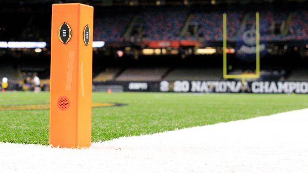 January 13, 2020: Mercedes-Benz Superdome end zone marker CFBPLAYOFF logo at the NCAA, College Leagu