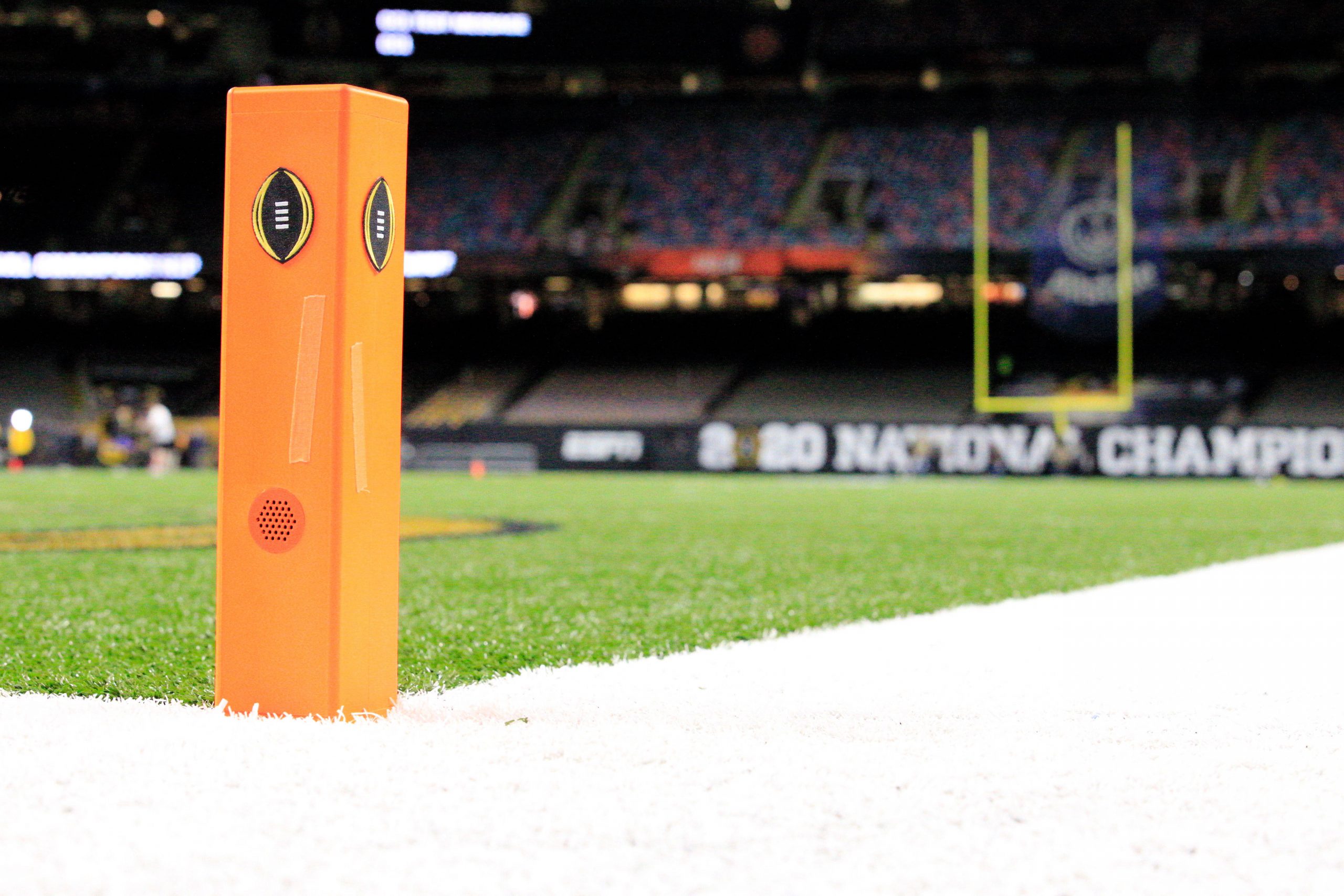 January 13, 2020: Mercedes-Benz Superdome end zone marker CFBPLAYOFF logo at the NCAA, College Leagu