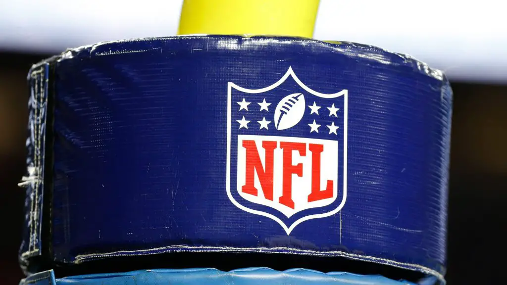 DETROIT, MI - SEPTEMBER 29: A general view of the NFL, American Football Herren, USA logo on the goal post padding is se